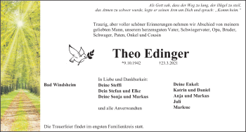 Traueranzeige von Theo Edinger von Windsheimer Zeitung Lokal