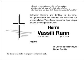 Traueranzeige von Vassili Rann von Nordbayerische Nachrichten Pegnitz Lokal