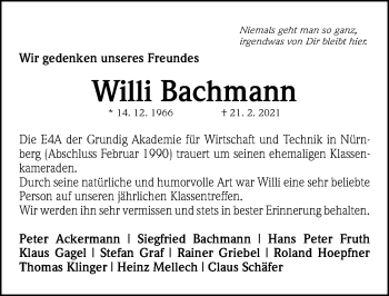 Traueranzeige von Willi Bachmann von Schwabacher Tagblatt Lokal