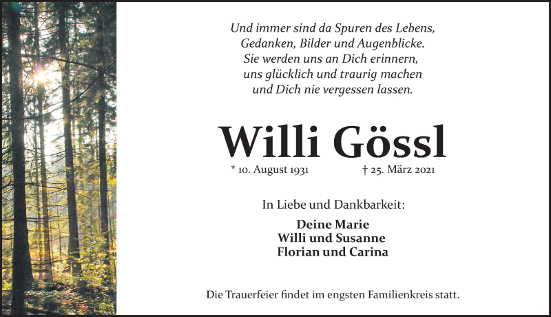  Traueranzeige für Willi Gössl vom 27.03.2021 aus Fürther Nachrichten Lokal
