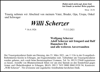 Traueranzeige von Willi Scherzer von Erlanger Nachrichten Lokal