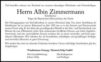 Traueranzeige von Albin Zimmermann von Windsheimer Zeitung Lokal