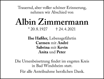 Traueranzeige von Albin Zimmermann von Windsheimer Zeitung Lokal