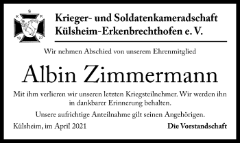 Traueranzeige von Albin Zimmermann von Windsheimer Zeitung Lokal