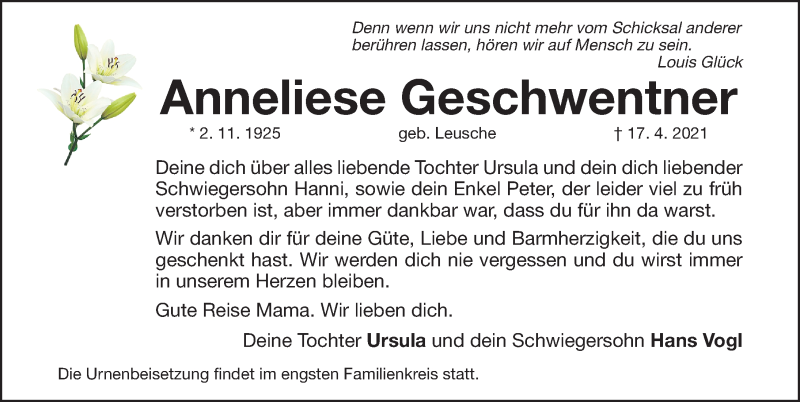  Traueranzeige für Anneliese Geschwentner vom 24.04.2021 aus Gesamtausgabe Nürnberger Nachrichten/ Nürnberger Ztg.