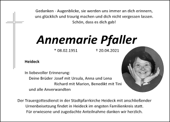 Traueranzeige von Annemarie Pfaller von Roth-Hilpoltsteiner Volkszeitung Lokal