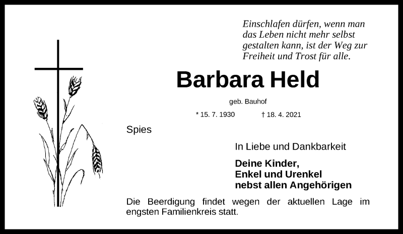  Traueranzeige für Barbara Held vom 21.04.2021 aus Nordbayerische Nachrichten Pegnitz Lokal