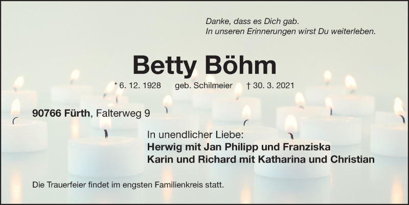  Traueranzeige für Betty Böhm vom 03.04.2021 aus Fürther Nachrichten Lokal