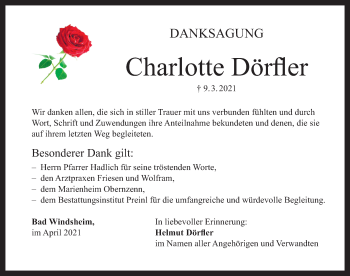 Traueranzeige von Charlotte Dörfler von Windsheimer Zeitung Lokal