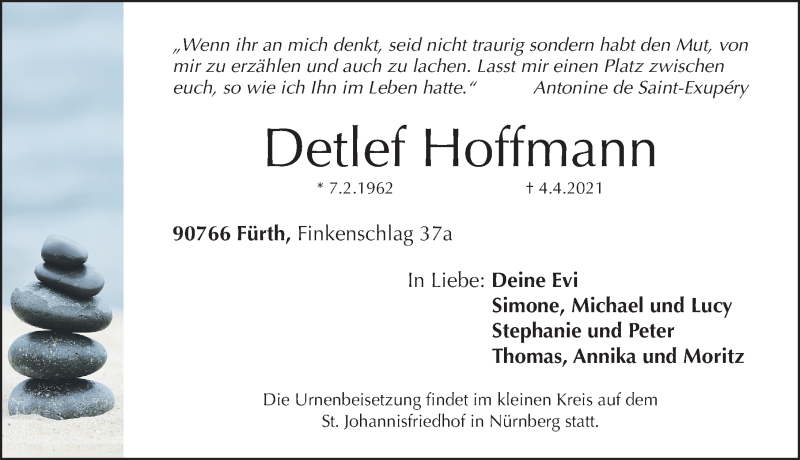  Traueranzeige für Detlef Hoffmann vom 10.04.2021 aus Gesamtausgabe Nürnberger Nachrichten/ Nürnberger Ztg.