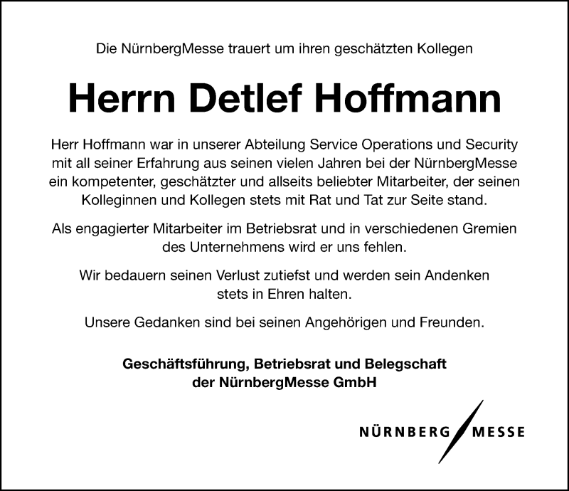  Traueranzeige für Detlef Hoffmann vom 10.04.2021 aus Gesamtausgabe Nürnberger Nachrichten/ Nürnberger Ztg.