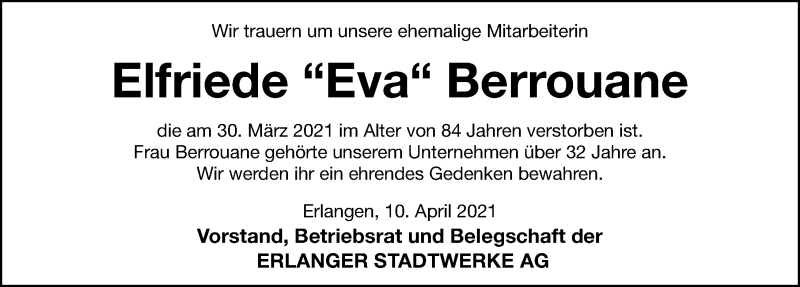  Traueranzeige für Elfriede Berrouane vom 10.04.2021 aus Erlanger Nachrichten Lokal