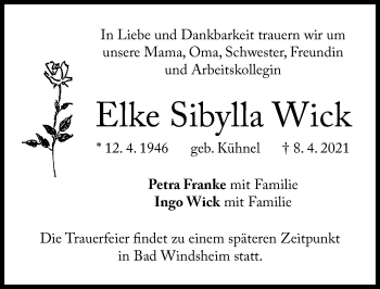 Traueranzeige von Elke Sibylla Wick von Windsheimer Zeitung Lokal