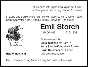 Traueranzeige von Emil Storch von Windsheimer Zeitung Lokal