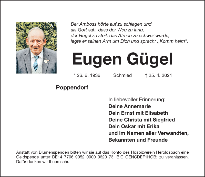  Traueranzeige für Eugen Gügel vom 28.04.2021 aus Nordbayer. Nachrichten Forchheim/ Nordbayer. Nachrichten Herzogenaurach