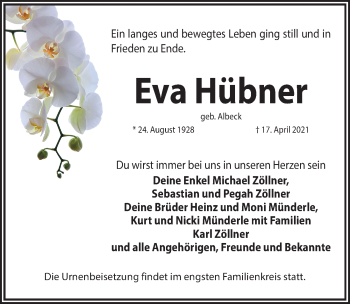 Traueranzeige von Eva Hübner von Gesamtausgabe Nürnberger Nachrichten/ Nürnberger Ztg.