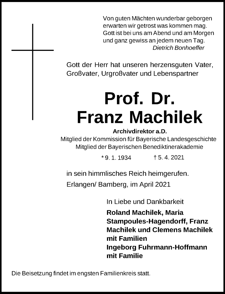  Traueranzeige für Franz Machilek vom 10.04.2021 aus Erlanger Nachrichten Lokal