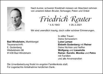 Traueranzeige von Friedrich Reuter von Windsheimer Zeitung Lokal