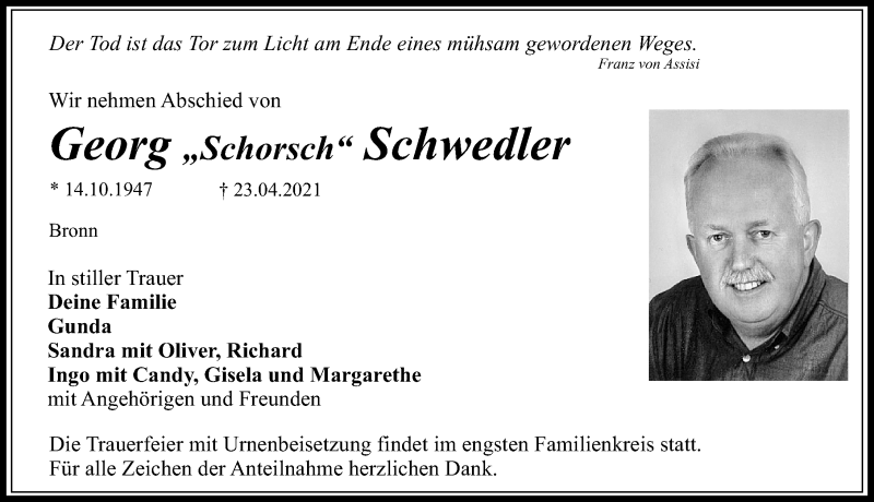 Traueranzeigen Von Georg Schwedler | Trauer.nn.de