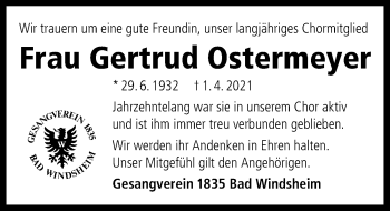 Traueranzeige von Gertrud Ostermeyer von Windsheimer Zeitung Lokal