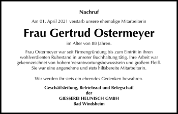 Traueranzeige von Gertrud Ostermeyer von Windsheimer Zeitung Lokal