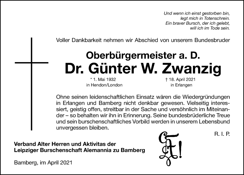  Traueranzeige für Günter Zwanzig vom 26.04.2021 aus Erlanger Nachrichten Lokal