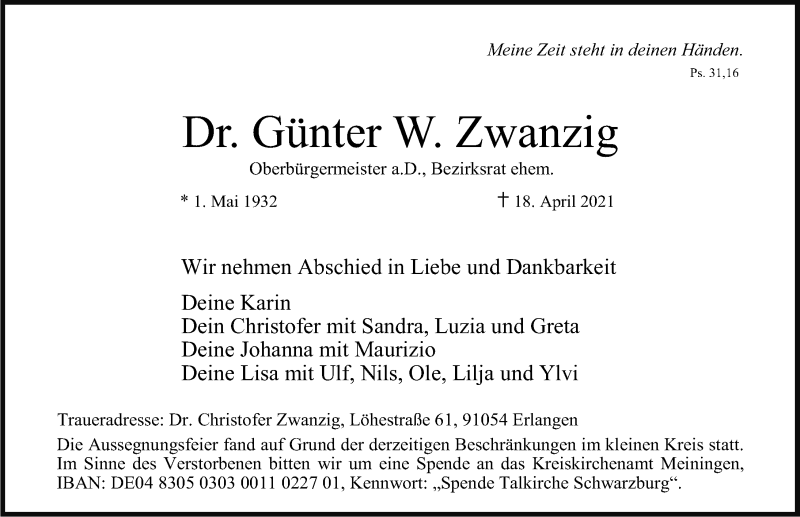  Traueranzeige für Günter Zwanzig vom 24.04.2021 aus Gesamtausgabe Nürnberger Nachrichten/ Nürnberger Ztg./ Erlanger Nachrichten
