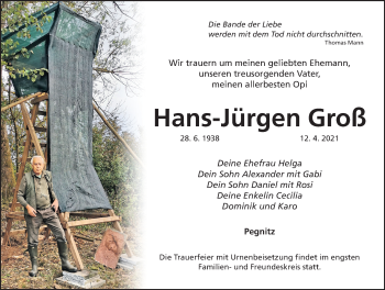 Traueranzeige von Hans-Jürgen Groß von Nordbayerische Nachrichten Pegnitz Lokal