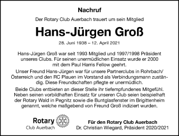 Traueranzeige von Hans-Jürgen Groß von Nordbayerische Nachrichten Pegnitz Lokal