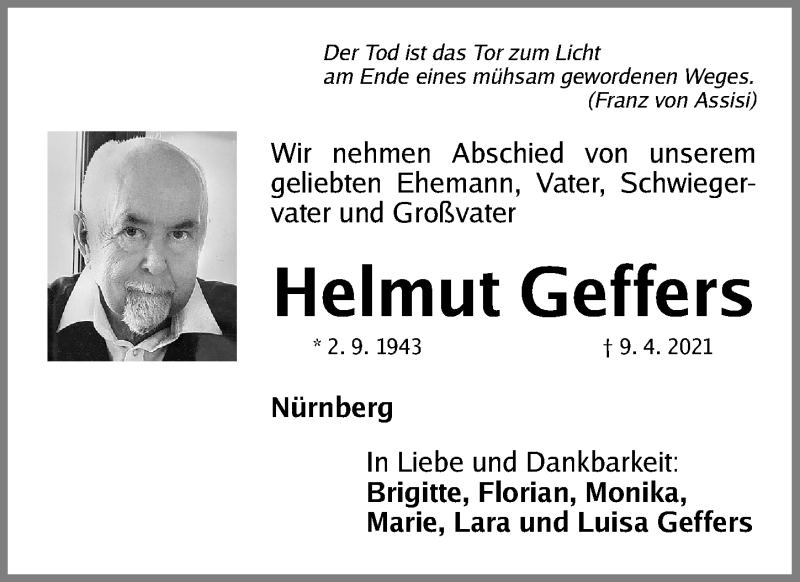  Traueranzeige für Helmut Geffers vom 14.04.2021 aus Gesamtausgabe Nürnberger Nachrichten/ Nürnberger Ztg.