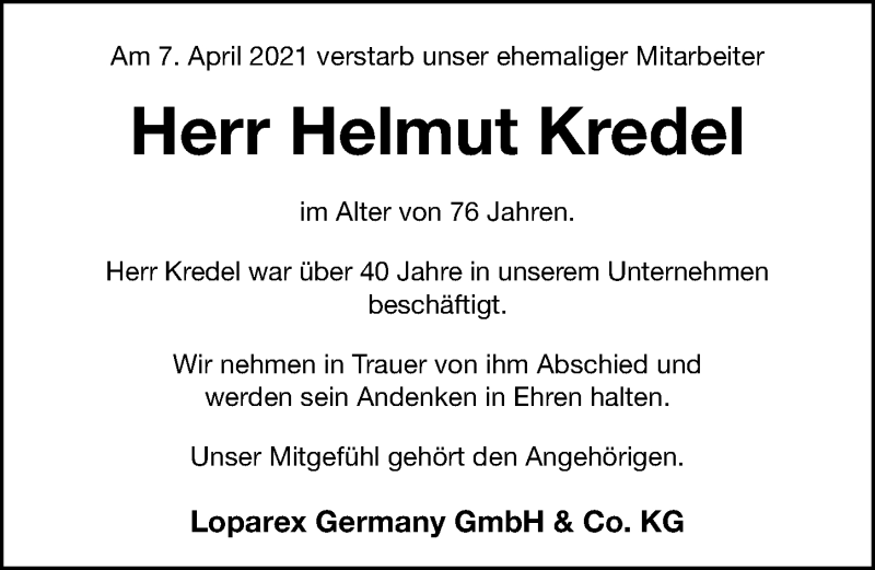  Traueranzeige für Helmut Kredel vom 13.04.2021 aus Nordbayerische Nachrichten Forchheim Lokal