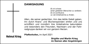 Traueranzeige von Helmut Krieg von Roth-Hilpoltsteiner Volkszeitung Lokal