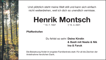 Traueranzeige von Henrik Montsch von Roth-Hilpoltsteiner Volkszeitung Lokal