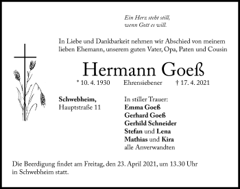 Traueranzeige von Hermann Goeß von Windsheimer Zeitung Lokal