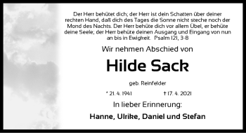 Traueranzeige von Hilde Sack von Erlanger Nachrichten Lokal