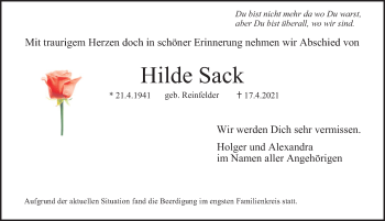 Traueranzeige von Hilde Sack von Erlanger Nachrichten Lokal