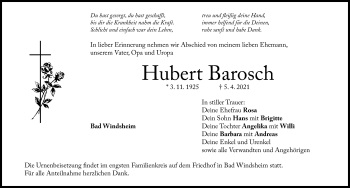 Traueranzeige von Hubert Barosch von Windsheimer Zeitung Lokal