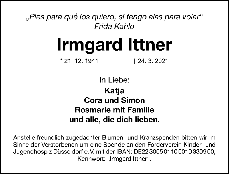  Traueranzeige für Irmgard Ittner vom 03.04.2021 aus Gesamtausgabe Nürnberger Nachrichten/ Nürnberger Ztg.