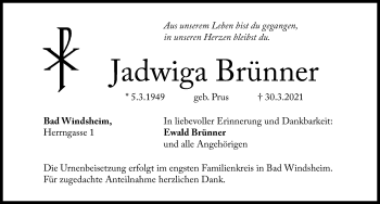 Traueranzeige von Jadwiga Brünner von Windsheimer Zeitung Lokal