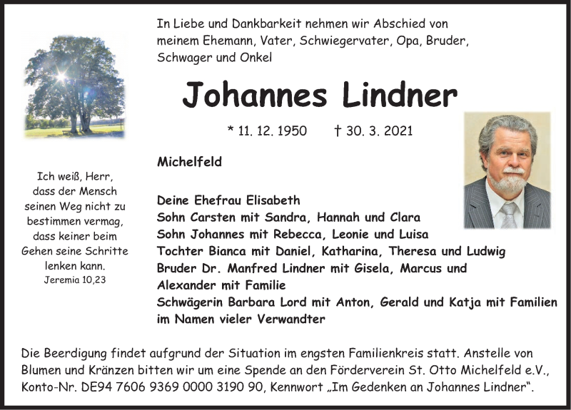  Traueranzeige für Johannes Lindner vom 03.04.2021 aus Nordbayerische Nachrichten Pegnitz Lokal