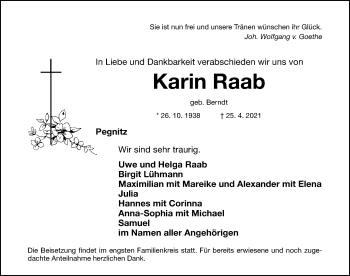 Traueranzeige von Karin Raab von Nordbayerische Nachrichten Pegnitz Lokal