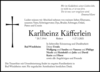 Traueranzeige von Karlheinz Käferlein von Windsheimer Zeitung Lokal