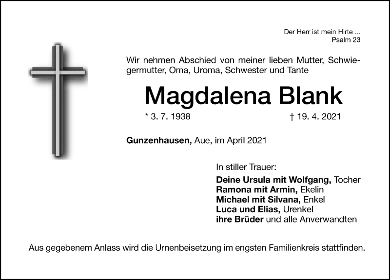  Traueranzeige für Magdalena Blank vom 24.04.2021 aus Altmühl-Bote Lokal