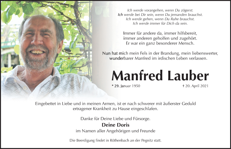  Traueranzeige für Manfred Lauber vom 24.04.2021 aus Gesamtausgabe Nürnberger Nachrichten/ Nürnberger Ztg.