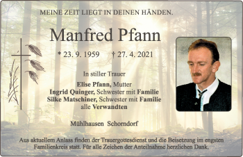 Traueranzeige von Manfred Pfann von Neumarkter Nachrichten Lokal