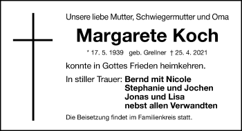 Traueranzeige von Margarete Koch von Gesamtausgabe Nürnberger Nachrichten/ Nürnberger Ztg.