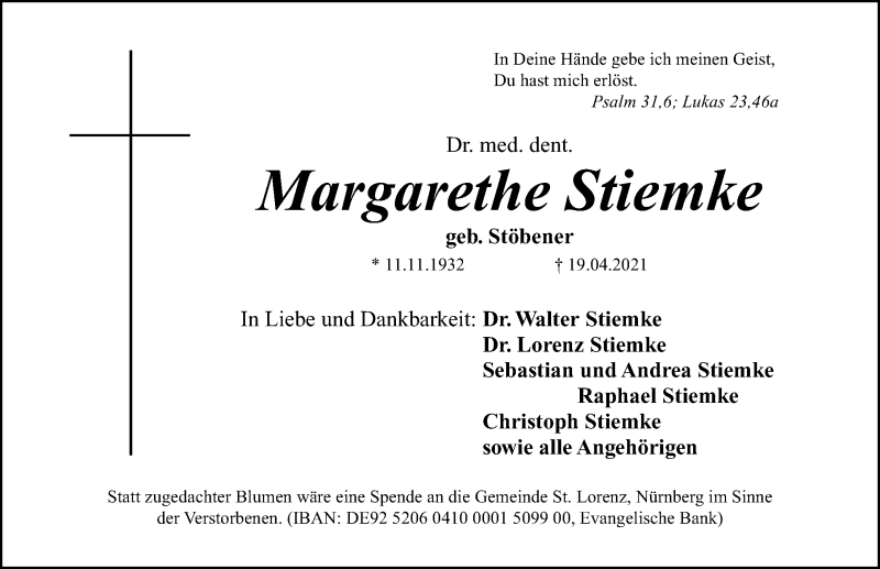  Traueranzeige für Margarethe Stiemke vom 24.04.2021 aus Gesamtausgabe Nürnberger Nachrichten/ Nürnberger Ztg.