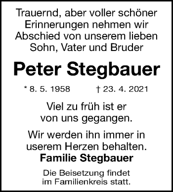 Traueranzeige von Peter Stegbauer von Gesamtausgabe Nürnberger Nachrichten/ Nürnberger Ztg.