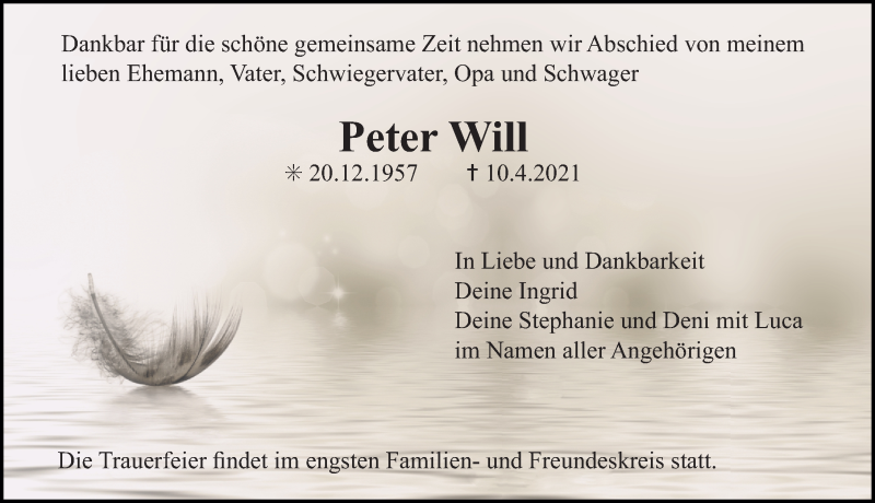  Traueranzeige für Peter Will vom 13.04.2021 aus Erlanger Nachrichten Lokal