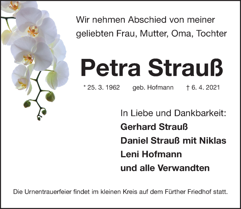  Traueranzeige für Petra Strauß vom 10.04.2021 aus Fürther Nachrichten Lokal